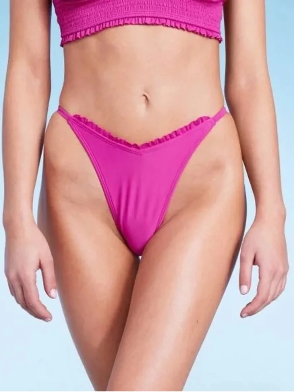 NWT Women's Side Tab Ruffle Trim High Leg Cheeky Bikini Bottom